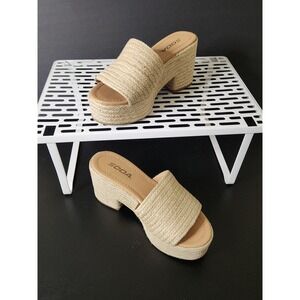 Soda Womens Beige Woven Raffia Platform Slide Sandals Chunky Block Heel Size 6.5
